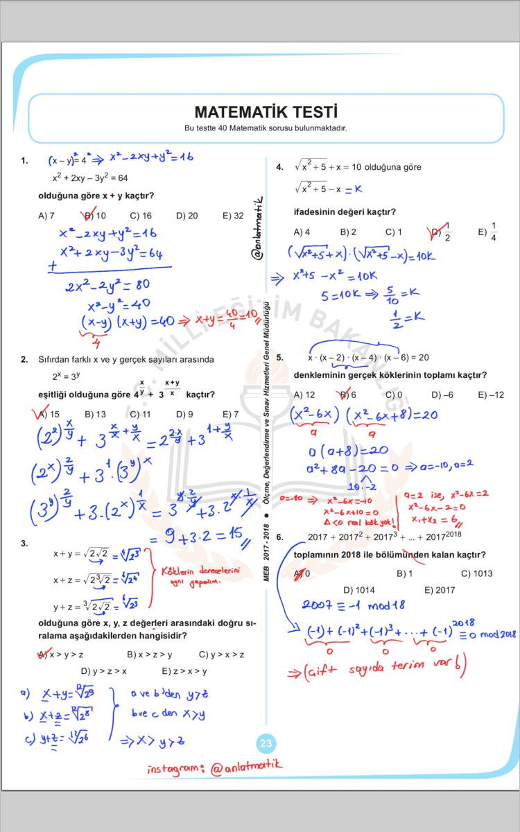 MEB AYT 2.Deneme Matematik Soruları Çözümleri PDF